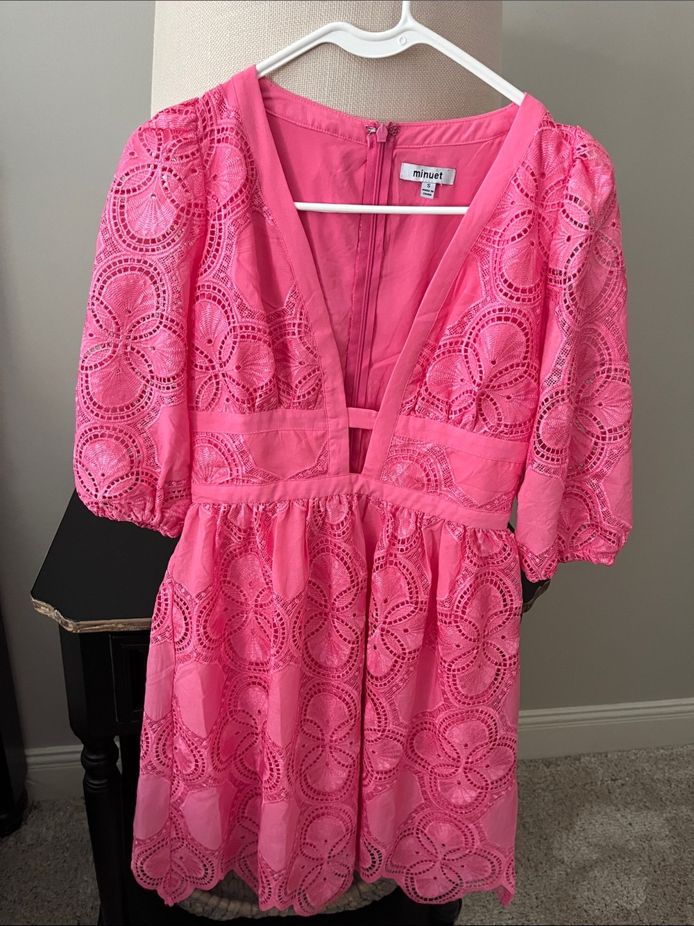 Minuet Petite Hot Pink Eyelet V-Neck Mini Dress